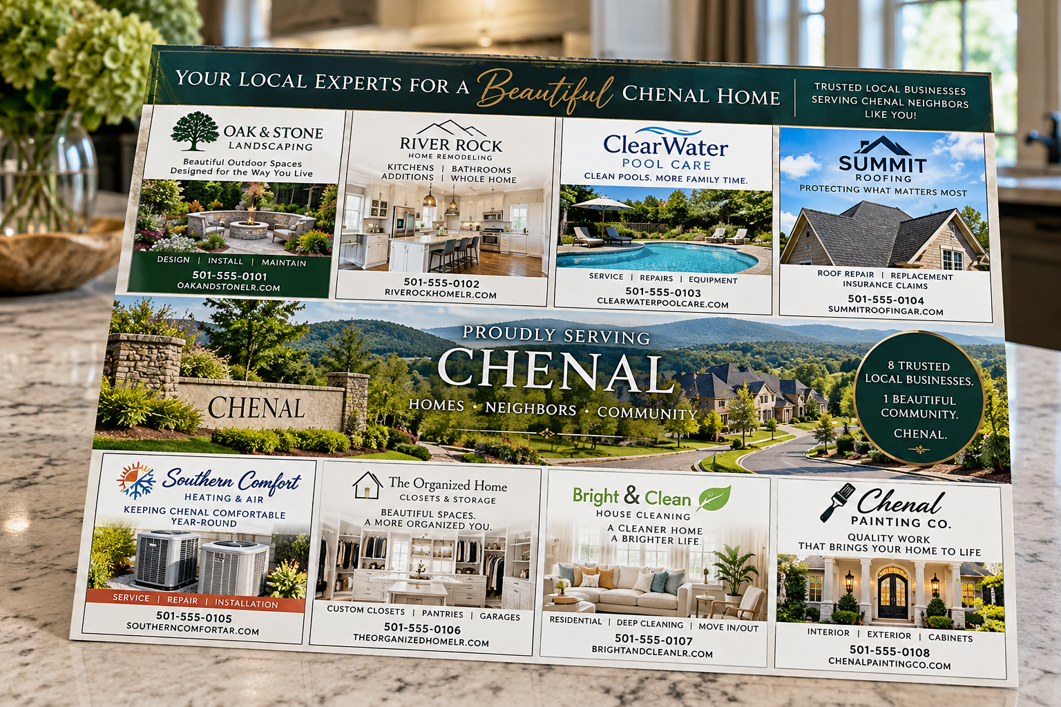Example Chenal community postcard with eight local business advertisements surrounding a neighborhood photograph.